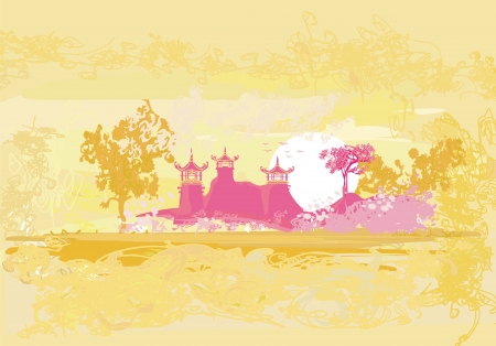 old paper with Asian Landscape のイラスト素材