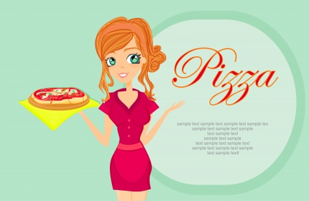  sweet girl serving pizza のイラスト素材