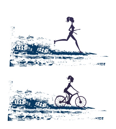 silhouette of marathon runner and cyclist race - abstract backgroundのイラスト素材