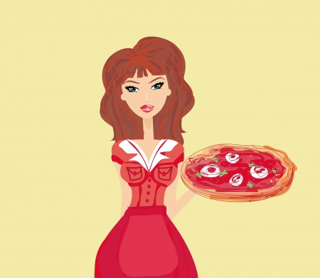  beautiful woman serving pizza のイラスト素材
