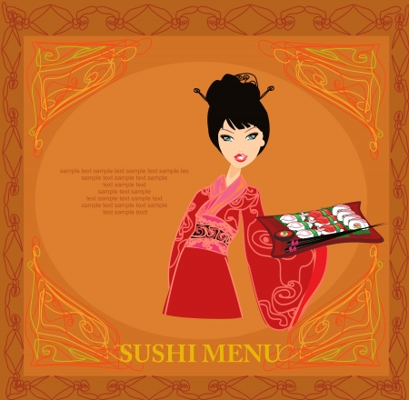  beautiful Asian girl enjoy sushi - menu template        のイラスト素材