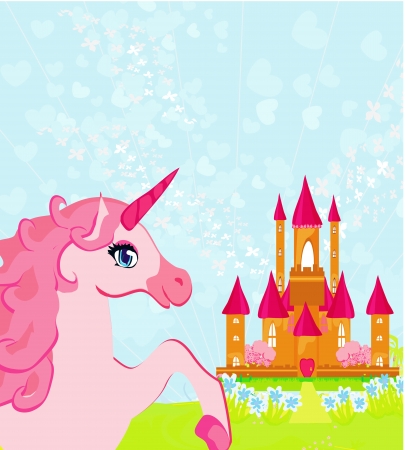  Fairytale landscape with pink magic castle and unicorn のイラスト素材