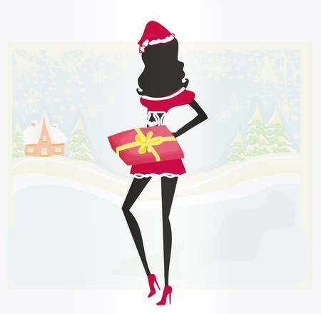  Happy New year card with Santa girl and winter landscape のイラスト素材