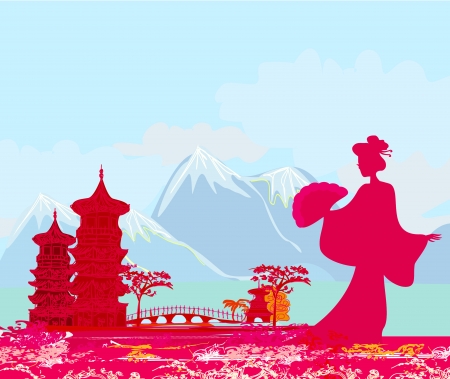  abstract Asian Landscape and beautiful Asian girl のイラスト素材