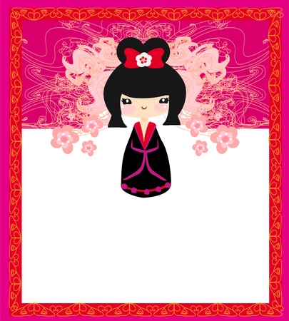  Kokeshi doll on the pink background with floral ornament のイラスト素材