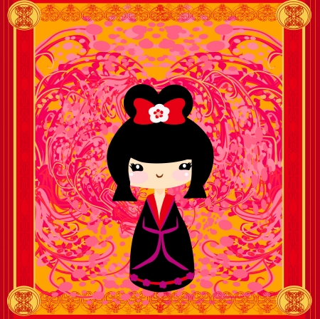  Kokeshi doll on the pink background with floral ornament のイラスト素材
