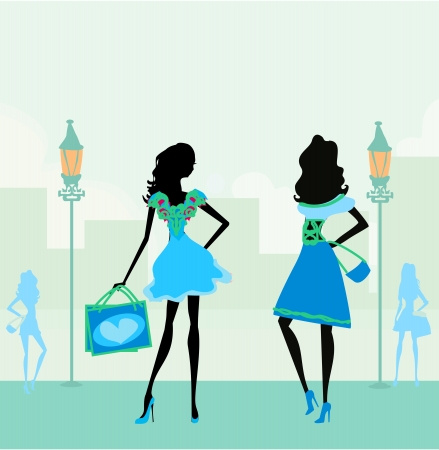  fashion silhouettes girls Shopping in the city のイラスト素材
