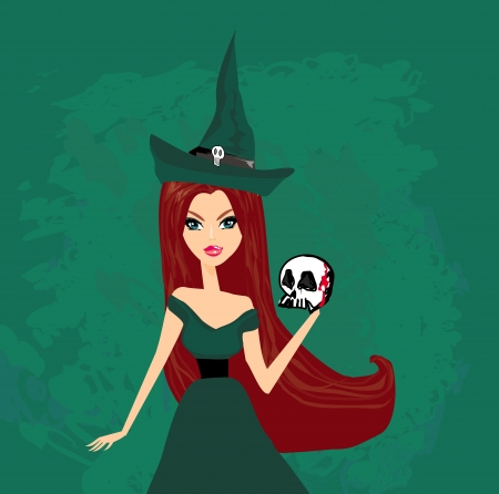  Halloween witch standing with skull のイラスト素材