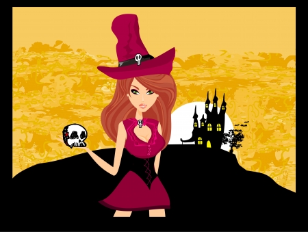  Halloween witch standing with skull のイラスト素材