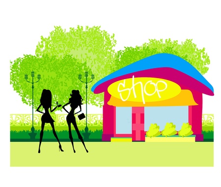  fashion silhouettes girls Shopping in the city のイラスト素材