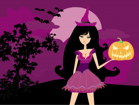  Halloween witch standing with pumpkin のイラスト素材