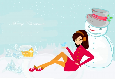 beautiful girl and snowman card のイラスト素材
