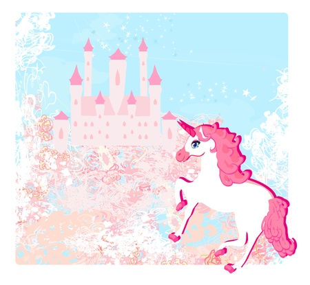  Fairytale landscape with pink magic castle and unicorn のイラスト素材