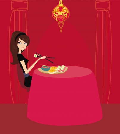 beautiful Asian girl enjoy sushi のイラスト素材