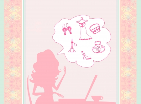 Online shopping - young smiling woman sitting with laptop のイラスト素材