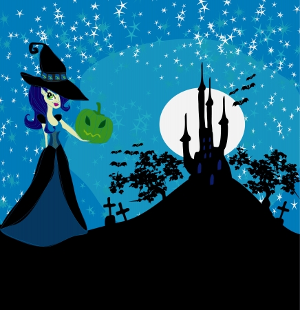  Halloween witch standing with pumpkin のイラスト素材