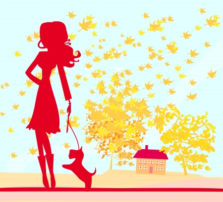  Girl walking with her dog in autumn landscape. のイラスト素材