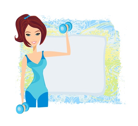  fit brunette woman exercising with two dumbbell weights on her hands のイラスト素材