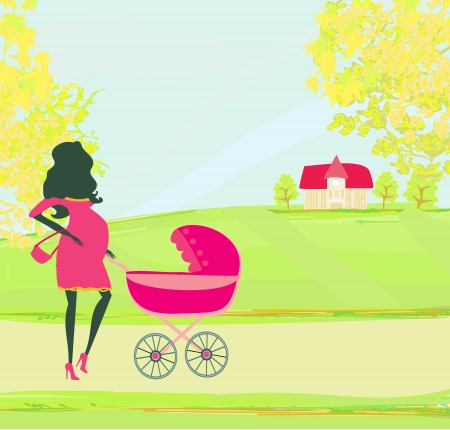 beautiful pregnant woman pushing a stroller のイラスト素材