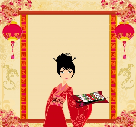  beautiful Asian girl enjoy sushi - menu template のイラスト素材