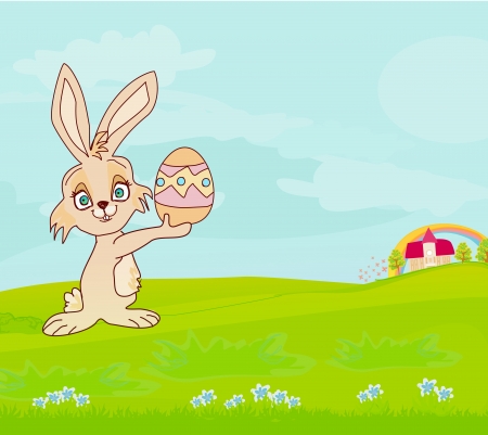  Illustration of happy Easter bunny carrying egg のイラスト素材