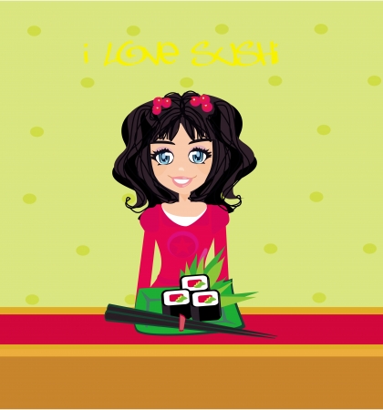  beautiful Asian girl enjoy sushi - menu template のイラスト素材