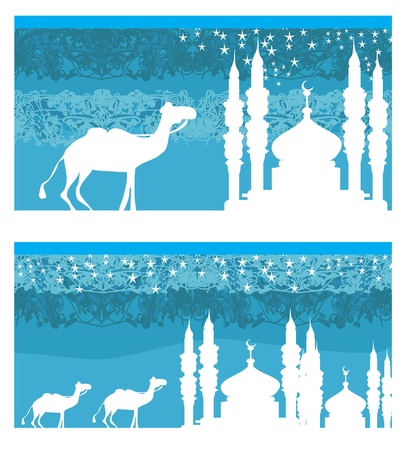 Camel through desert with arab skyline views  のイラスト素材