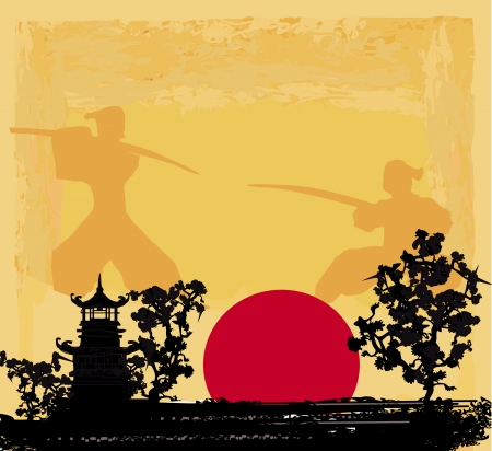  old paper with Samurai silhouette のイラスト素材