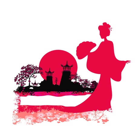  abstract Asian Landscape and beautiful Asian girl のイラスト素材