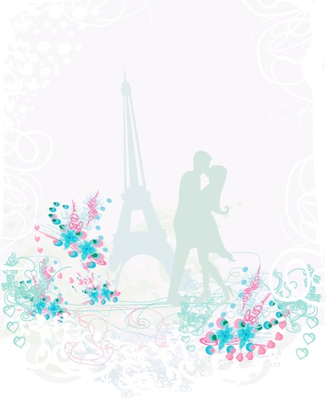  Romantic couple in Paris kissing near the Eiffel Tower のイラスト素材