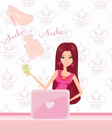  women purchasing product online using her laptop computer のイラスト素材