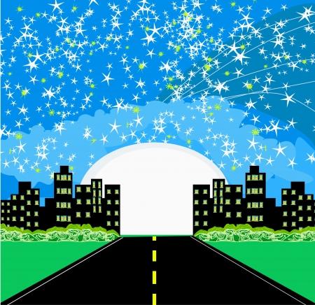 Highway to city with large moon のイラスト素材