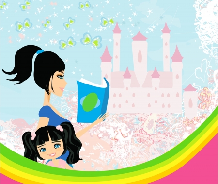  Mother reading a fairy tale to her daughter and sitting on a rainbow のイラスト素材