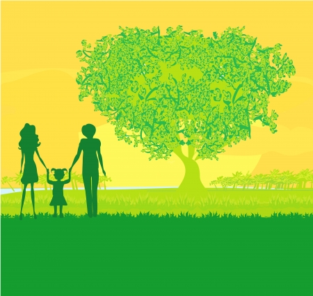 Happy family walks on nature, sunset のイラスト素材