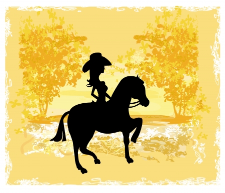  Silhouette of Cowgirl and Horse - grunge background のイラスト素材