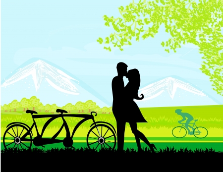 sillhouette of sweet young couple in love standing in the park のイラスト素材