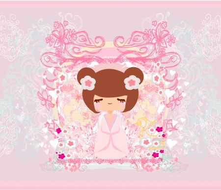  Kokeshi doll on the pink background with floral ornament のイラスト素材