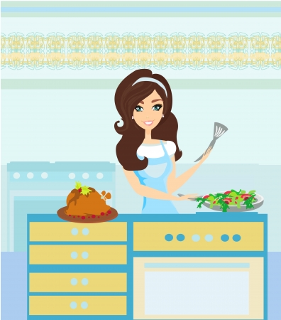 Beautiful lady serving dinnerのイラスト素材