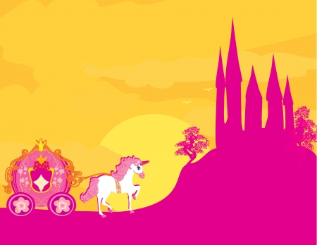  Carriage at sunset. Silhouette of a horse carriage and a medieval castle のイラスト素材