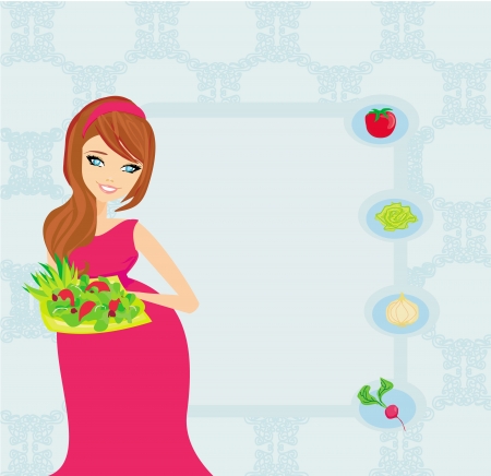 pregnant girl with a plate of salad in a hand.のイラスト素材