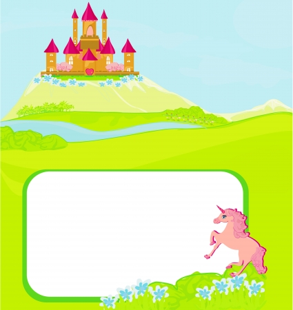 Portrait frame with fairy tale castle and beautiful country side landscape のイラスト素材
