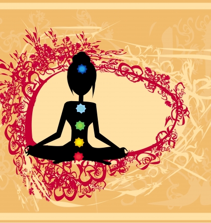 Yoga lotus pose. Padmasana with colored chakra points. のイラスト素材