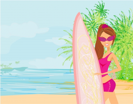 Beautiful surfer girl on a beach のイラスト素材