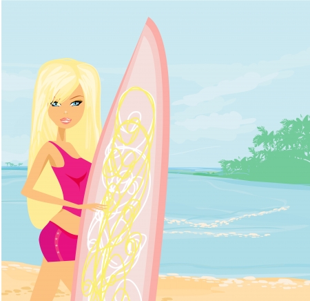 Beautiful surfer girl on a beach のイラスト素材