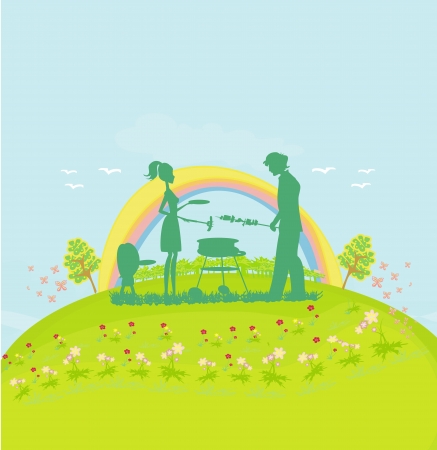  A vector illustration of a family having a picnic in a park のイラスト素材