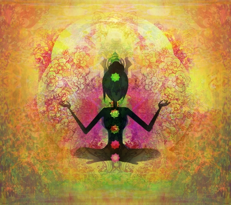  Yoga lotus pose. Padmasana with colored chakra points. の写真素材
