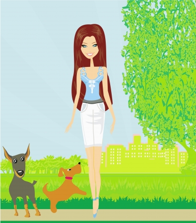  Pretty girl walking the dogs のイラスト素材