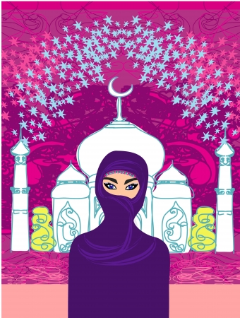 Vector illustration of a young beautiful muslim women on seamless mosque backgroundのイラスト素材