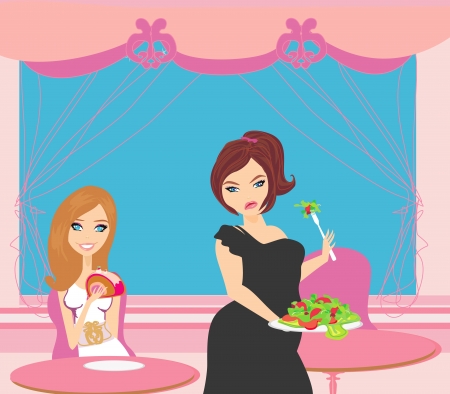 illustration of thick and thin girls in restaurantのイラスト素材
