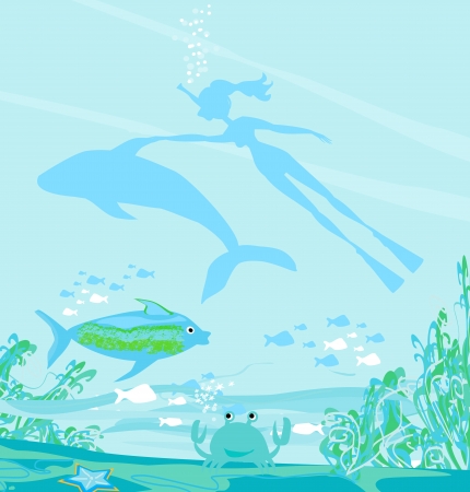 The girl-diver floats together with a dolphinのイラスト素材